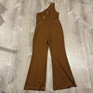 Cider One-Shoulder Brown Jumpsuit with Asymmetric Zip Detail